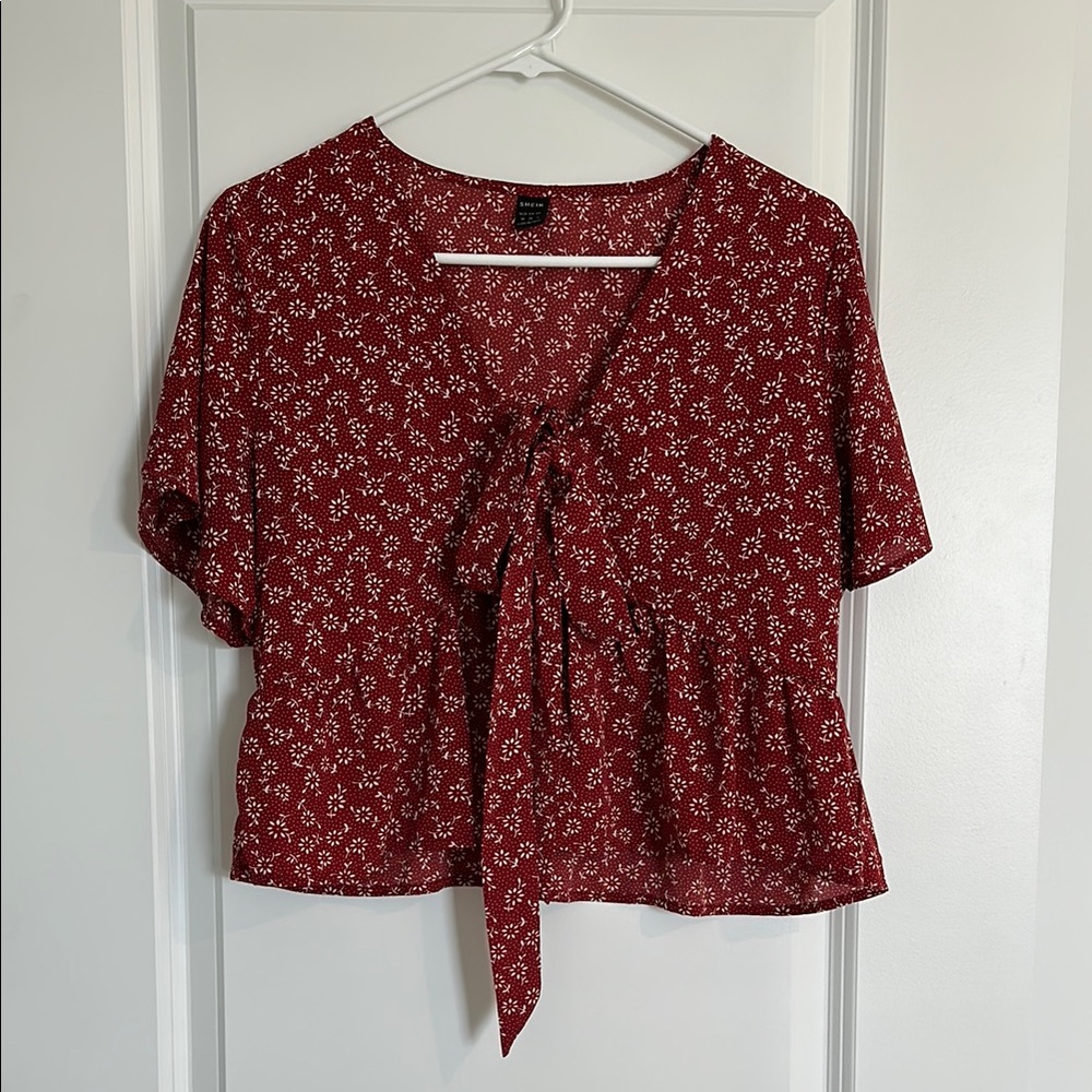 SHEIN Red Crop Tie Front Blouse Short Sleeve